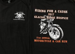 Black t shirt with motorcycle illustration. Riding for a Cause 2017. Glacial Ridge Hospice. 21st annual motorcycle and car run.
