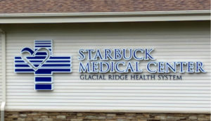 Building exterior with sign Starbuck Medical Center, Glacial Ridge Health System.