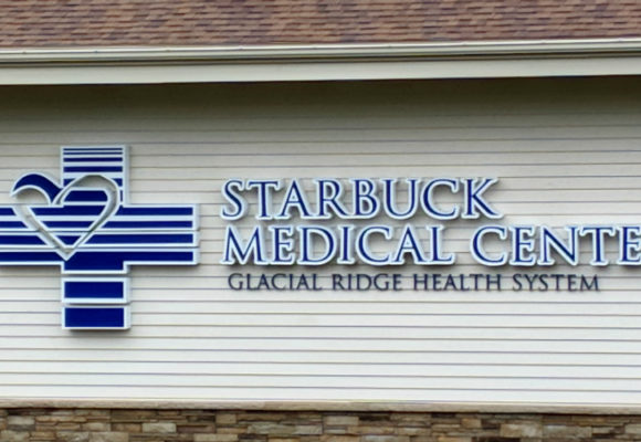 Building exterior with sign Starbuck Medical Center, Glacial Ridge Health System.