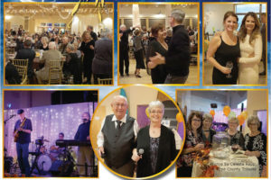 Six-photo collage of an event: people sitting at banquet tables, dancing, playing instruments.