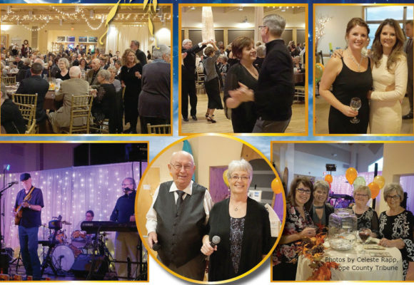 Six-photo collage of an event: people sitting at banquet tables, dancing, playing instruments.