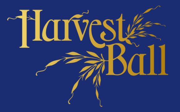 Blue background with gold lettering logo for Harvest Ball and wheat.