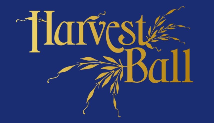 Blue background with gold lettering logo for Harvest Ball and wheat.