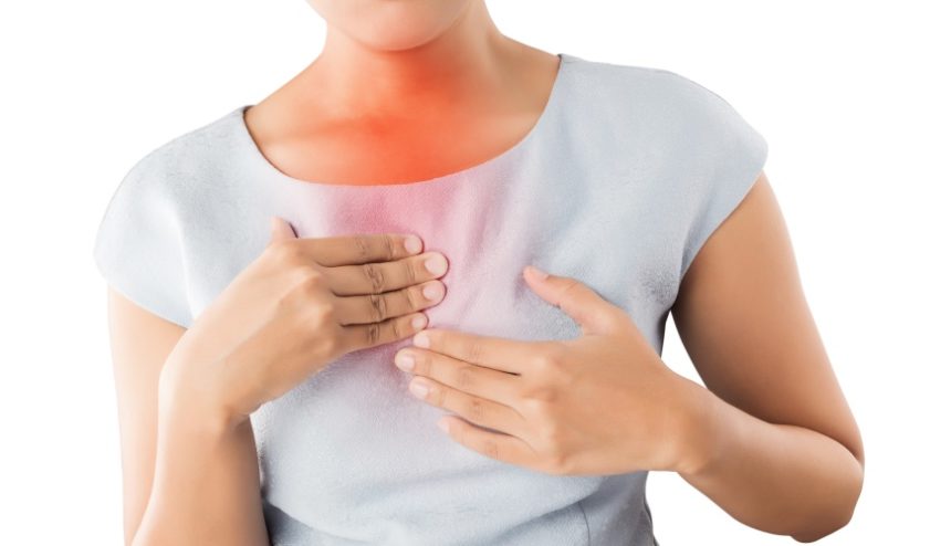 Young woman showing symptomatic acid reflux