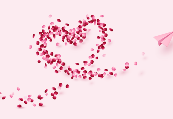 pink heart graphic with flower petals and pink paper airplane