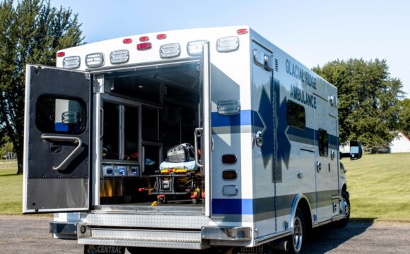 ambulance parked outside with back doors open