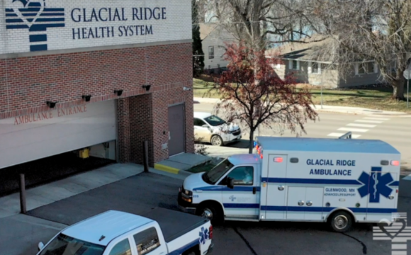 Glacial Ridge ambulance is driving into the hospital's emergency room garage