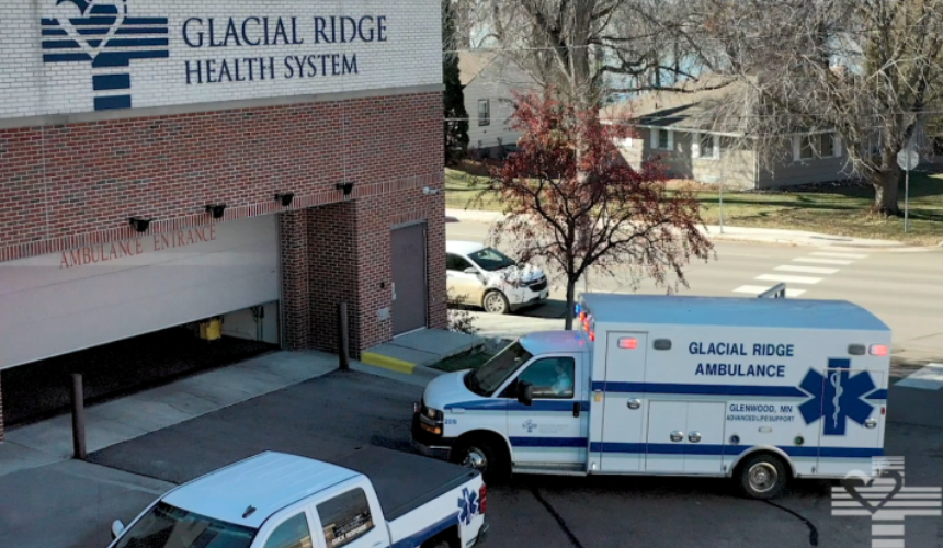 Glacial Ridge ambulance is driving into the hospital's emergency room garage Glacial Ridge ambulance is driving into the hospital's emergency room garage