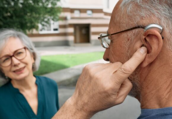 Mature man with a hearing aid and senior woman friend