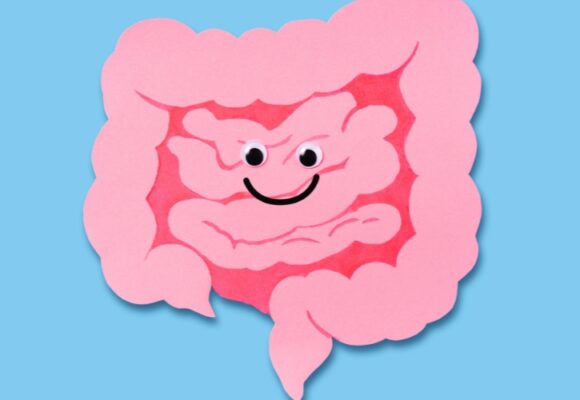 pink and blue graphic of colon