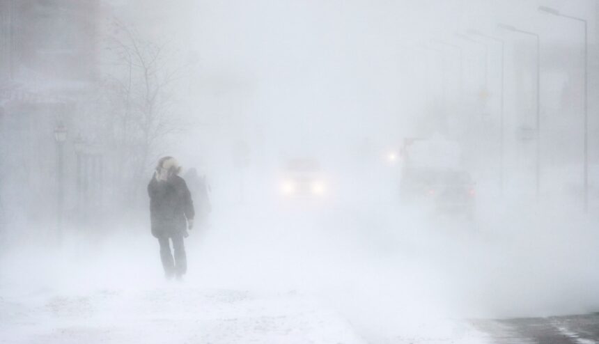 Man Walking in Winter Storm Winter Storm