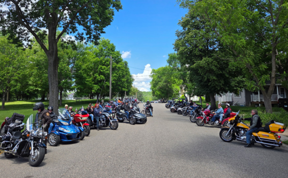 motorcycles lining a street