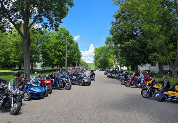 motorcycles lining a street