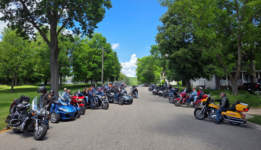motorcycles lining a street