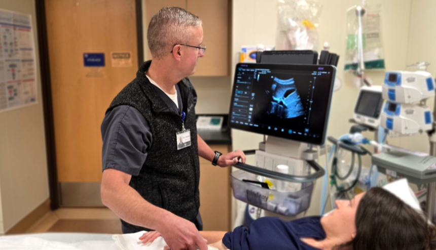 Dan Gerwing PA-C ER POCUS Dan Gerwing, PA, Glacial Ridge Hospital ED, using equipment